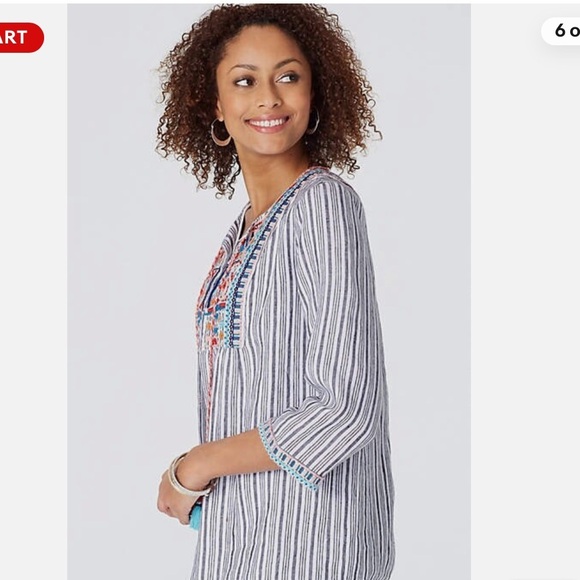 J Jill Love Linen Embroidered Striped Tunic Top Size M - Picture 4 of 11